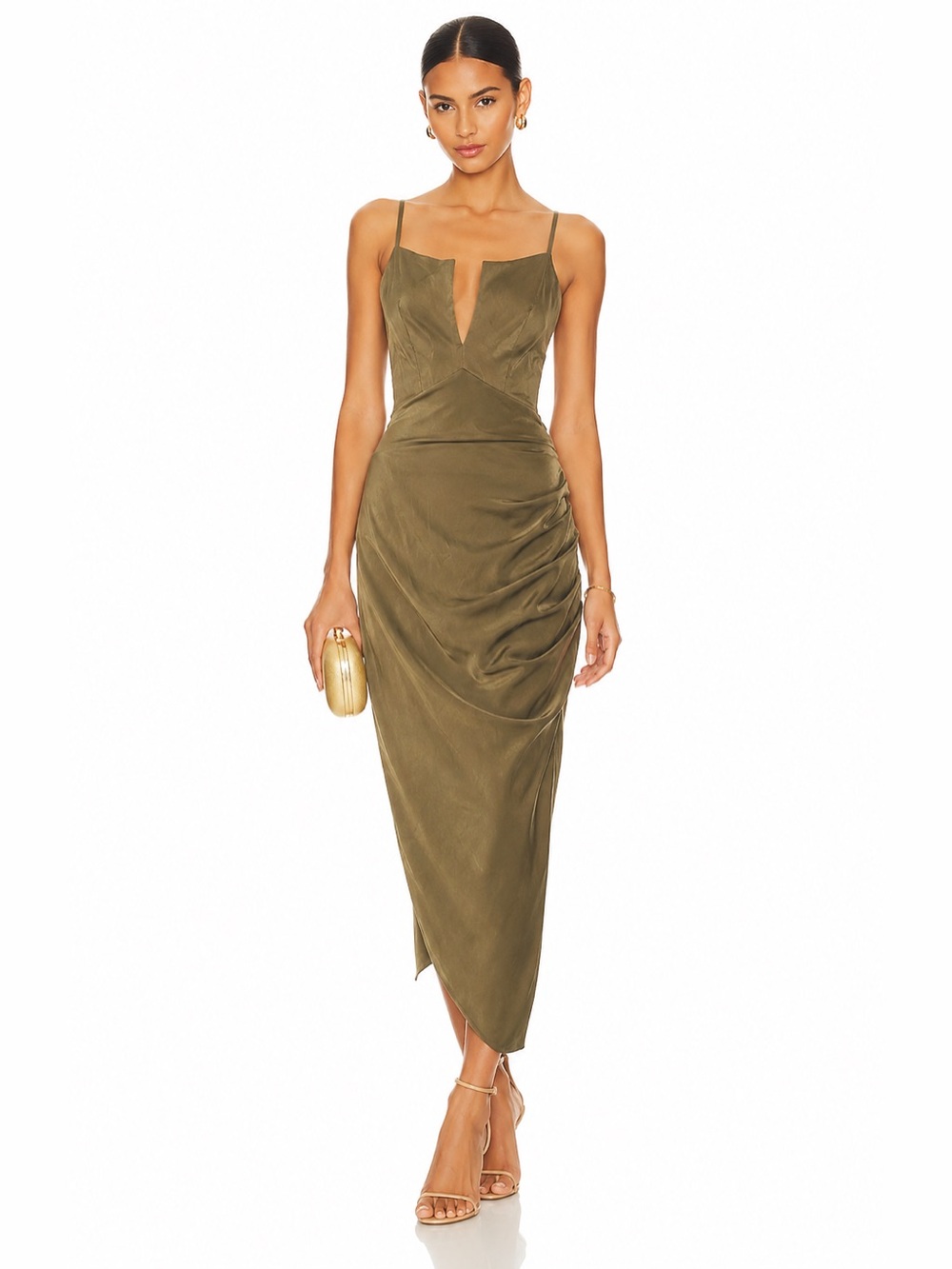 Mable Olive Green Ruched Midi Slip Dress Open Back Tie Dress Size Medium